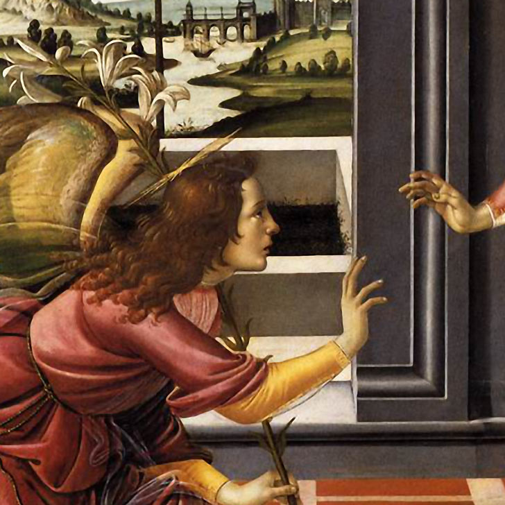 Zvěstování Panny Marie, 1489 – Sandro Botticelli - DETAIL ANDĚLA (Archanděl Gabriel)