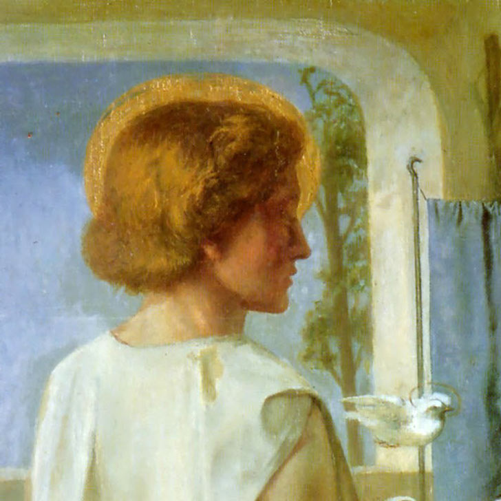 Zvěstování, 1850 – Dante Gabriel Rossetti - Detail hlavy anděla bez křídel se svatozáří.