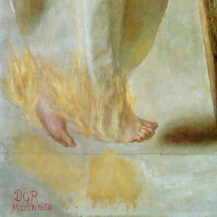 Zvěstování, 1850 – Dante Gabriel Rossetti - Detail nohou: archanděl Gabriel  před  pannou Marií lehce vznáší nad zemí (a to bez  křídel) a z chodidel mu šlehají malé plameny.